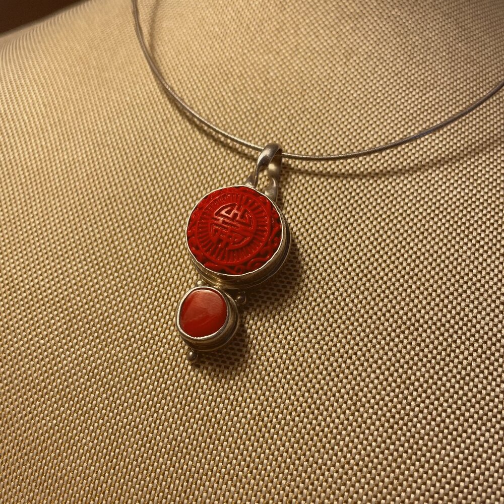 Sterling 925 SARDA Pendant Carved Cinnabar Signed Handcrafted in Bali